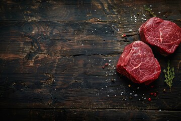 Two fresh and raw fillet meat steaks placed on an old dark wooden table, ready for cooking, with copy space for text