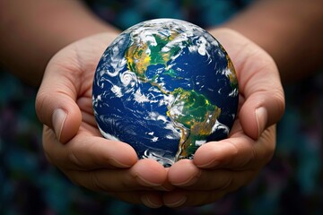 Human hand holding earth globe, energy, leaves and clouds. World environment day concept, Save the earth, sustainability, no waste eco lifestyle.