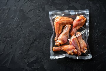 Commercial food photo of fresh chicken wings packed in plastic vacuum seal bag, placed on black stone background - obrazy, fototapety, plakaty