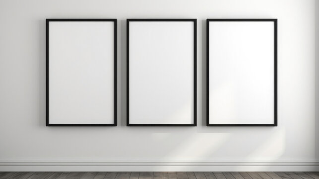 Minimalist Blank three black frame mockup on white wall art gallery with wooden tiles created with Generative AI Technology