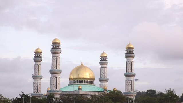 golden dome and towering minarets at Jame' Asr Hassanil Bolkiah Mosque in Bandar Seri Bagawan in Brunei Darussalam