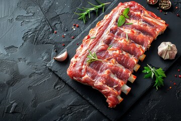 A piece of raw meat, specifically fresh rack of pork spare ribs, is placed on a black cutting board