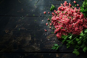 A bunch of vibrant red flowers placed on a rustic wooden table - obrazy, fototapety, plakaty