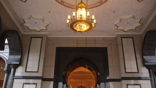elegant interior staircase leading up to Jame' Asr Hassanil Bolkiah Mosque in Bandar Seri Bagawan in Brunei Darussalam