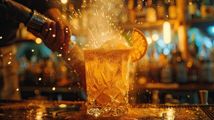 Mai Tai: rum cocktail with lime and almonds, pineapple on bar background wit ice cubes. - obrazy, fototapety, plakaty