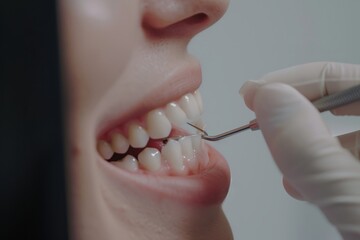 The patient's teeth. The dentist is using a small brush and a water pick to remove plaque and bacteria from the teeth