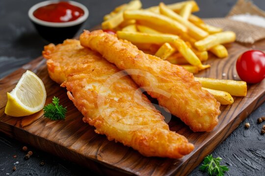A commercial food photo of fried fish finger sticks and french fries served on a wooden cutting board with ketchup, set against a black background