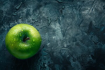 Granny Smith apple covered with water droplets on a dark rustic table, top view - Powered by Adobe