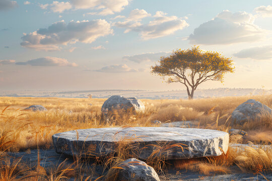 product podium presentation for advertisement with tree and mountain africa savanna background