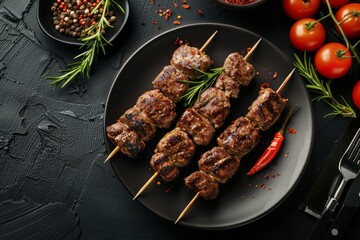 Skewers of grilled meat and vegetables served on a plate, showcasing a delicious and flavorful meal on a dark stone table