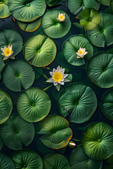 Water lilies with green leaves and flowers floating on pond surface