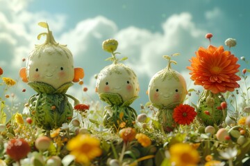 Three little dolls in a field of flowers. Generative AI.