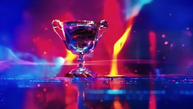 A glimpse of the trophy awaiting the winner of the cybersport championship shimmering in a pulsating holographic display. It is the ultimate prize for those who have conquered