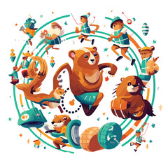 Animal Olympics with hedgehogs running and monkeys