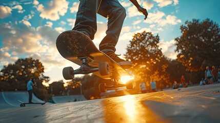 Male player play extreme Sport skateboard , Sky Runner close up view. AI Generated. - obrazy, fototapety, plakaty