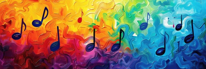 An abstract representation of sound waves or music notes, expressed through vibrant colors and dynamic shapes