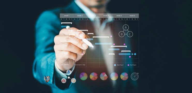 Project management scheduling concept, Presentation areas of knowledge, cost, time, scope, human resources, risks, quality, planning with tasks milestones to monitor progress updat and deliverables
