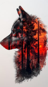 A wolf is depicted in a forest with trees and a sunset in the background