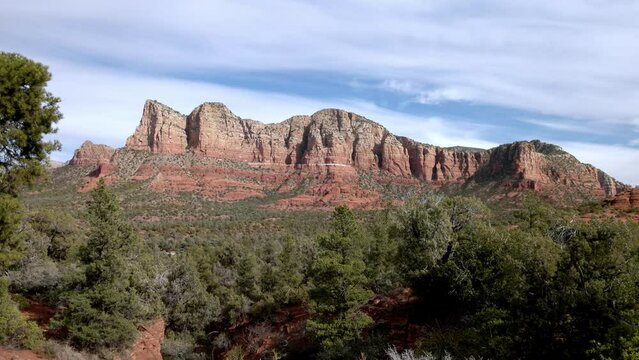 Buttes in Sedona, Arizona and video panning right to left wide shot.