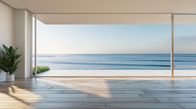 Modern living room with wooden floor and empty wall with beach view background. AI generated image