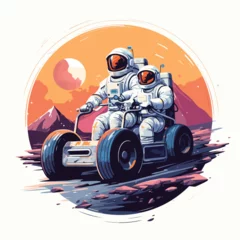 Gordijnen Astronaut vs alien in a moon buggy race on the moon © iclute3