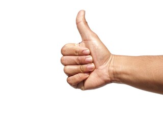 Male hand giving thumbs up isolated on white background, business concept.	