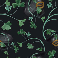 Seamless pattern with symbols of Ireland. Wrapping paper for St. Patrick's Day. Watercolor in vintage style on a black background.