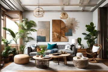 an inviting sitting area with a fusion of textures, vibrant decor, and thoughtfully curated elements, achieving a harmonious balance in interior design. - obrazy, fototapety, plakaty