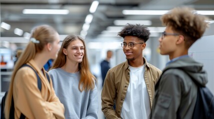 Obraz premium A group of young people are standing together in a hallway, smiling and laughing