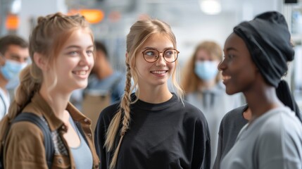 Obraz premium Three girls are smiling and talking to each other