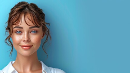 Fototapeta premium A woman with long brown hair and blue eyes is smiling at the camera
