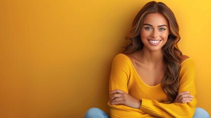 A woman in a yellow sweater is smiling and posing for a picture