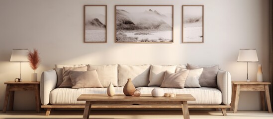 Scandinavian living room interior design with sofa, vases, and picture on wall. Nordic home decor.