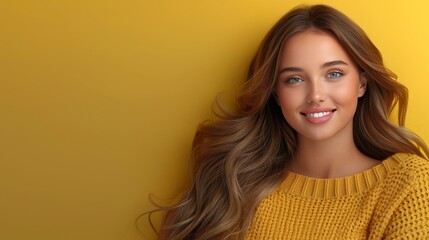Fototapeta premium A woman with long brown hair is smiling and wearing a yellow sweater