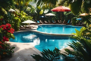 Fototapeta na wymiar modern swimming pool with blue water enjoy for people in summer