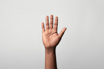 Man's hand showing five fingers on white background. Close up.