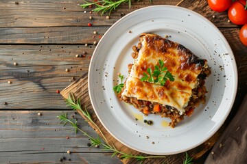greek dish Moussaka in white plate, Greek cuisine