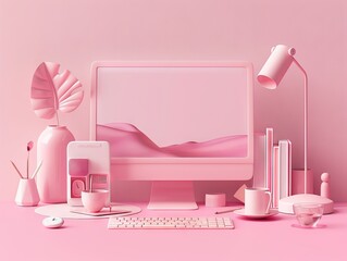Monochromatic pink office setup with computer and desk accessories. 3D digital illustration of a modern minimalist work