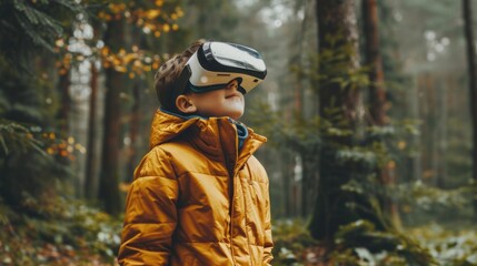 young boy wearing vr headset and exploring, virtual reality concept