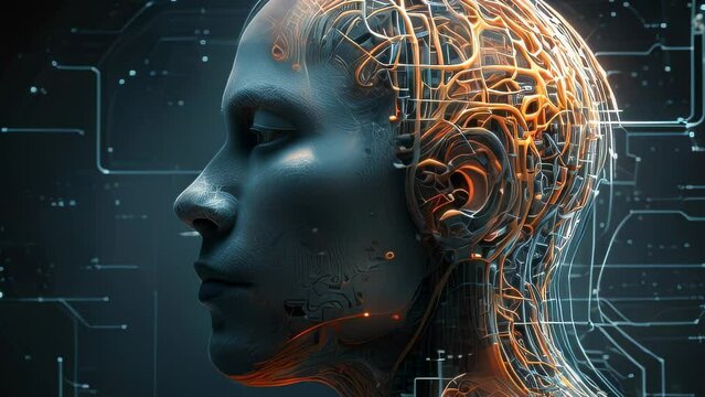Video animation footage of human cognition and artificial technology. On the left, intricate blue circuitry symbolizes the digital realm