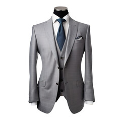 Gray and blue suit, shirt and necktie isolated on transparent background, clipping path, png, 