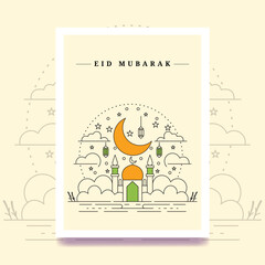 Modern Eid Mubarak line art template vector illustration mosque crescent lantern greeting card background