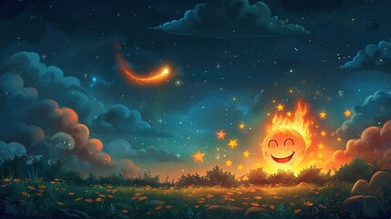 Cartoon stars cheer as a fiery meteor bursting with magic - obrazy, fototapety, plakaty