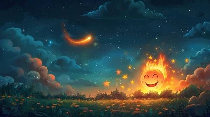 Fotobehang Cartoon stars cheer as a fiery meteor bursting with magic © J@x In The Box