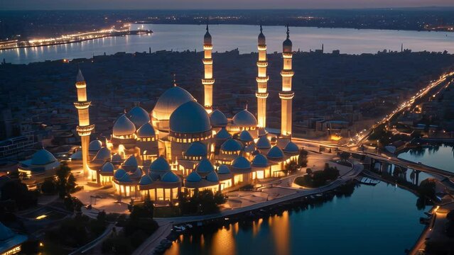Ramadan Video animation footage of  majestic mosque illuminated against the backdrop of the evening sky. The mosque stands prominently, surrounded by water, creating a serene and spiritual ambiance