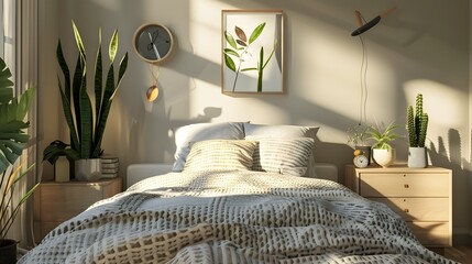 Sunlight Filled Cozy Scandinavian Bedroom with Hanging Clock and Plant Art