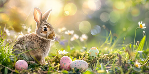 Fototapeta na wymiar Easter Joy: Bunny and Colorful Eggs on Grass. Spring Celebration: Easter Bunny and Colorful Eggs