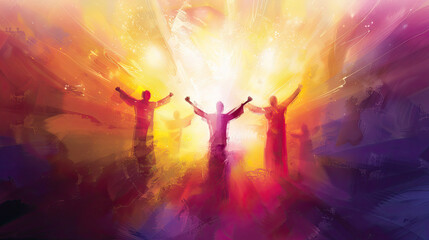 Abstract colorful painting of three silhouetted figures with raised arms against a vibrant background with radiant light effects