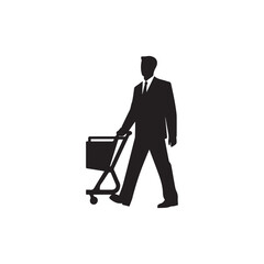 Man with shopping cart. Black silhouette on white background. Vector illustration.