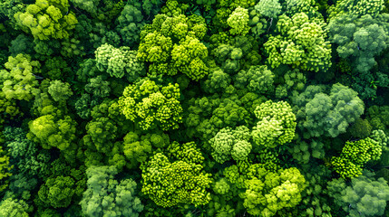 Obraz premium Aerial top view of green trees in a forest. The drone view of a dense green tree captures CO2. Green tree nature background for carbon neutrality and net zero emissions concept. Sustainable green 